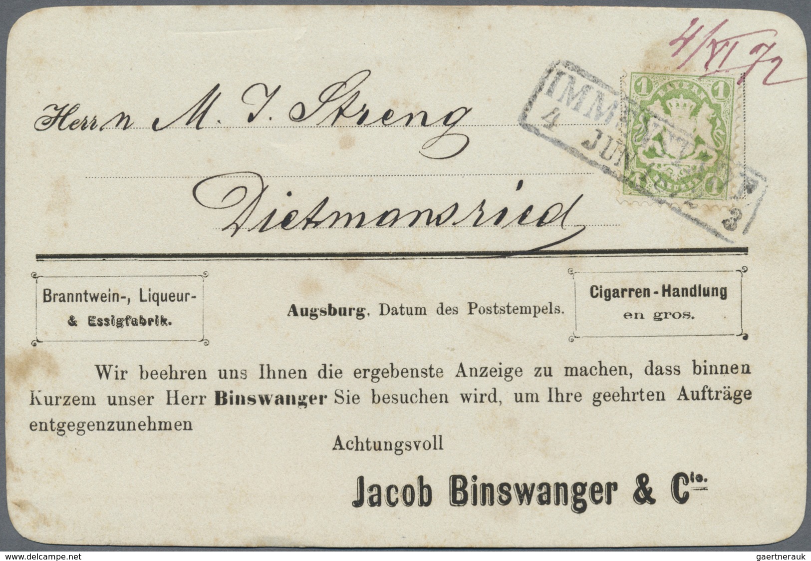 O Bayern - Marken Und Briefe: Aviskarte Der Fa. Binswanger Augsburg Mit 1 Kr. Wappen Gezähnt Gelbgrün - Autres & Non Classés