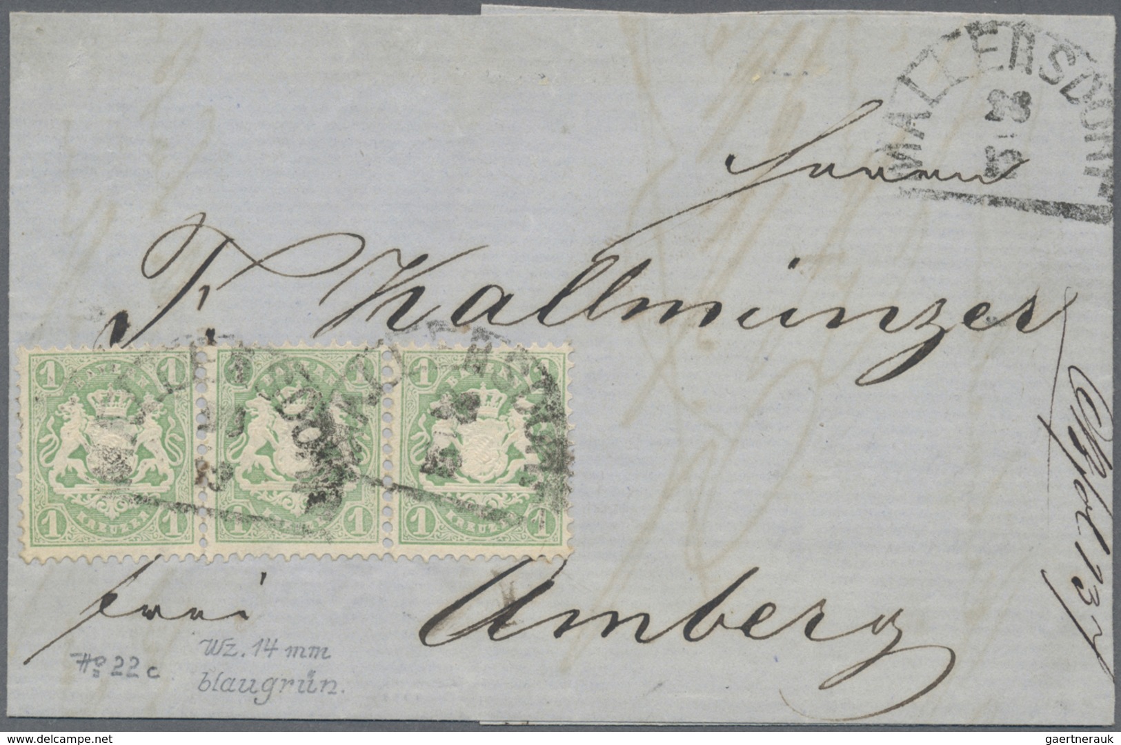 Br Bayern - Marken Und Briefe: 1870, 1 Kr. Bläulichgrün Mit Wasserzeichen 1 X, Waagerechter, Leicht Ang - Autres & Non Classés