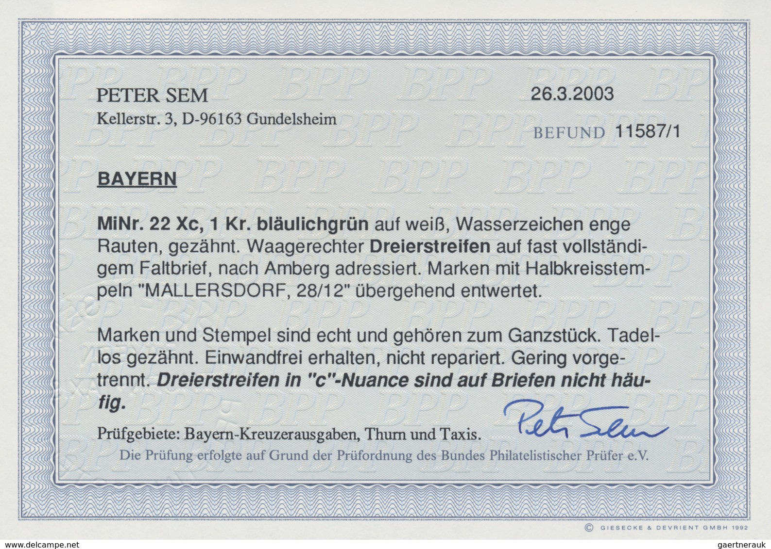Br Bayern - Marken Und Briefe: 1870, 1 Kr. Bläulichgrün Mit Wasserzeichen 1 X, Waagerechter, Leicht Ang - Autres & Non Classés