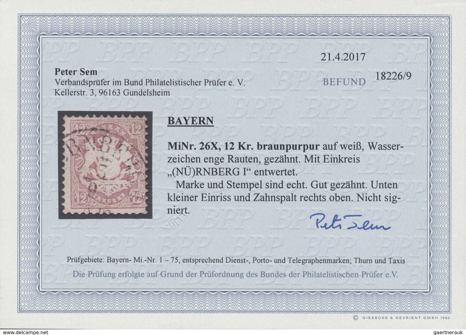 O Bayern - Marken Und Briefe: 1870, Wappenausgabe 12 Kr. Braunpurpur Gezähnt Mit Wasserzeichen Enge Ra - Sonstige & Ohne Zuordnung