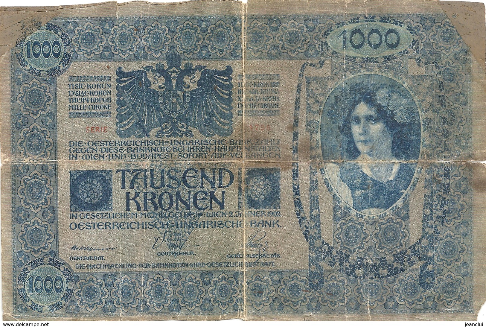 OESTERREICHISCH-UNGARISCHE BANK . 1.000 KRONEN . 2-1-1902 . N° 1756 ( ROT ) ETAT TRES MOYEN .  2 SCANES - Autriche