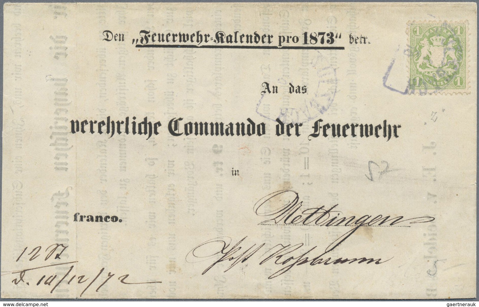 Br Bayern - Marken Und Briefe: 1873, "Feuerwehr-Kalender Pro 1873" Drucksache An Das Verehrliche Comman - Altri & Non Classificati