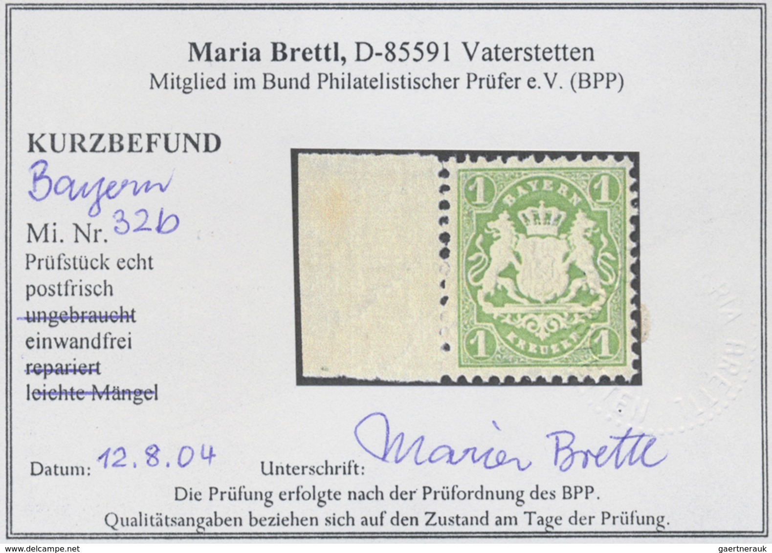 ** Bayern - Marken Und Briefe: 1875, 1 Kr. Dunkelgrün, Postfrisch Mit Rückseitiger Bleistiftbeschriftun - Sonstige & Ohne Zuordnung
