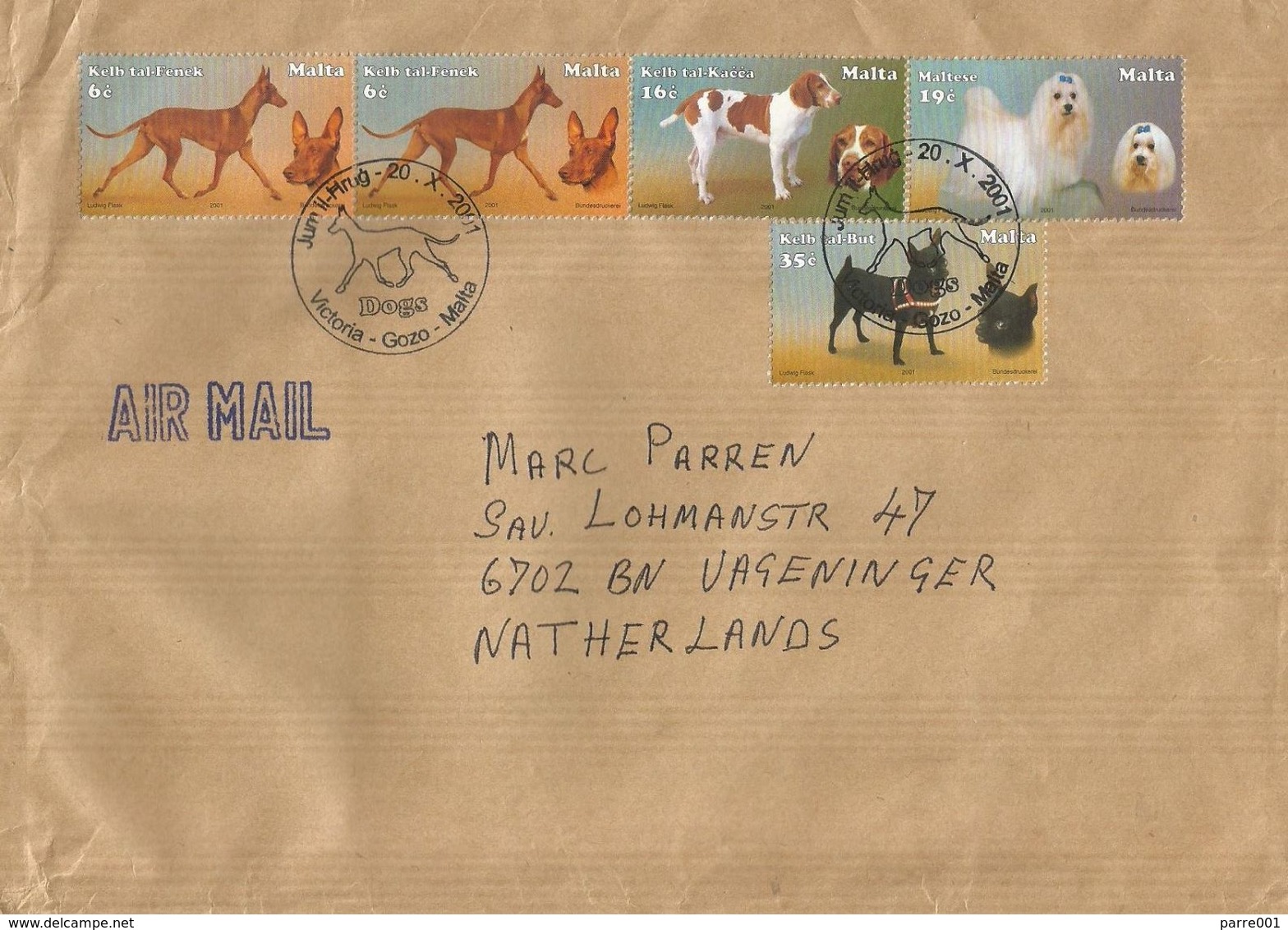 Malta 2001 Victoria Gozo Maltese Dogs FDC Postmark Cover - Honden