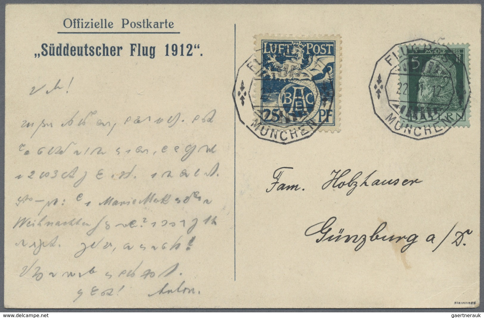 Bayern - Marken Und Briefe: 1912, Flugpostmarke BAEC Mit 5 Pf. Luitpold Und FLUGPOST / MÜNCHEN / 22. - Sonstige & Ohne Zuordnung