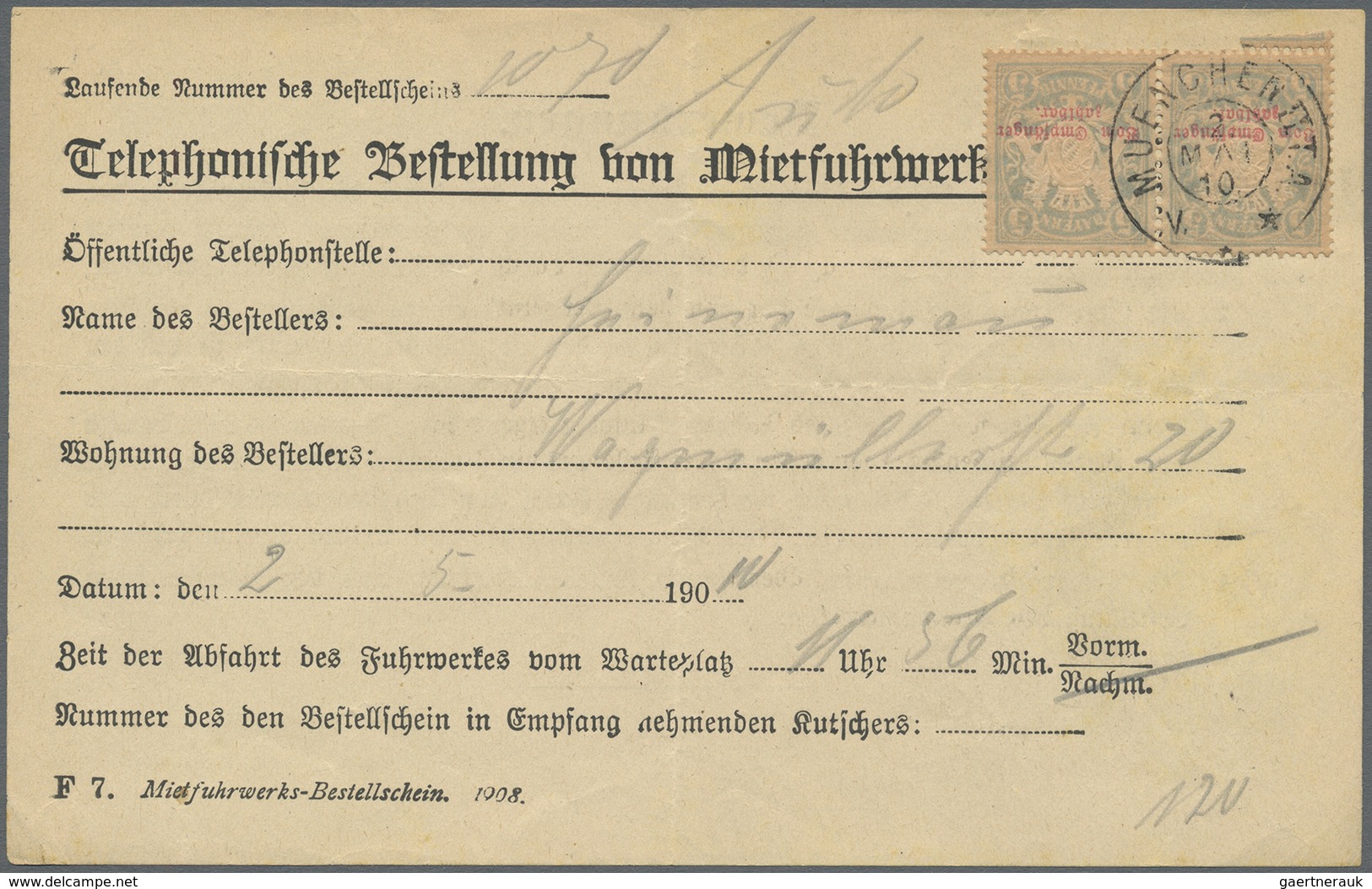 Br Bayern - Portomarken: 1910, 5 Pf. Wappen "Mietfuhrwerks-Bestellschein", Einmal Als Waagerechtes Paar - Sonstige & Ohne Zuordnung