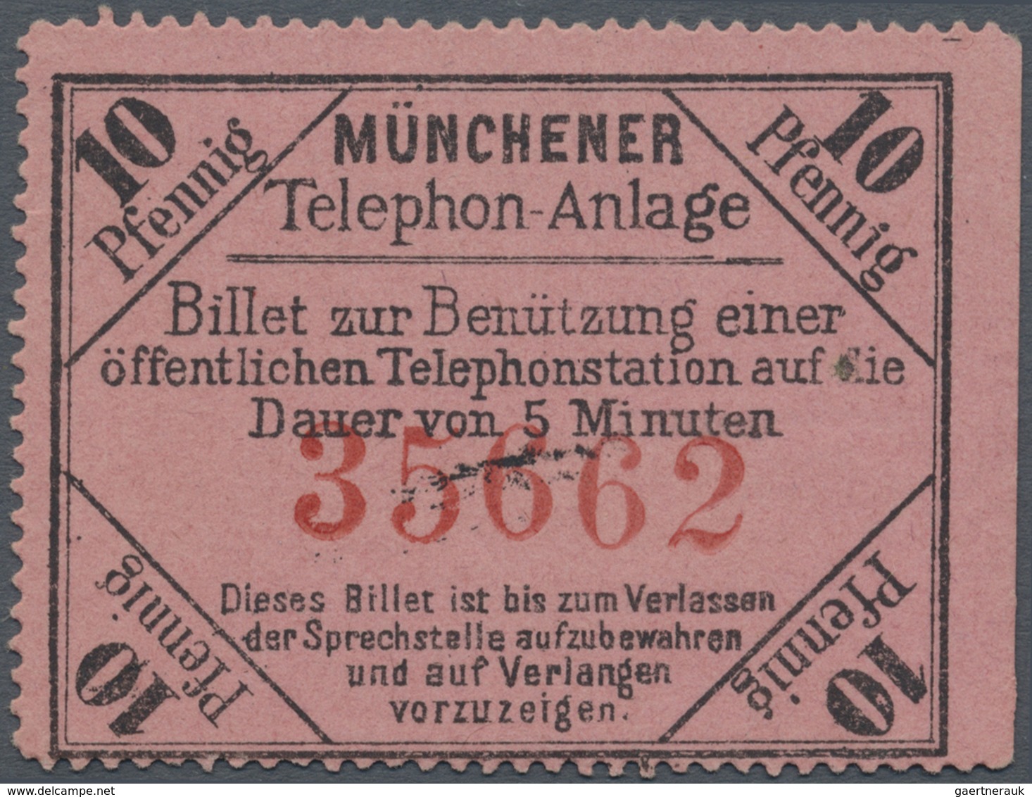 (*) Bayern - Telefon-Billets: 1883, MÜNCHEN 10 Pf. Auf Hellrotem Papier, Rechtes Randstück Ungebraucht, - Altri & Non Classificati