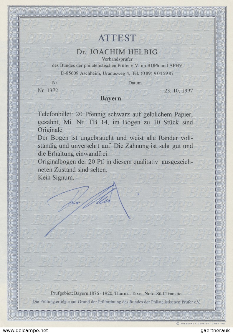 (*) Bayern - Telefon-Billets: 1893, 20 Pfg Im Originalbogen Ungebraucht Ohne Gummi Wie Verausgabt, Der B - Autres & Non Classés