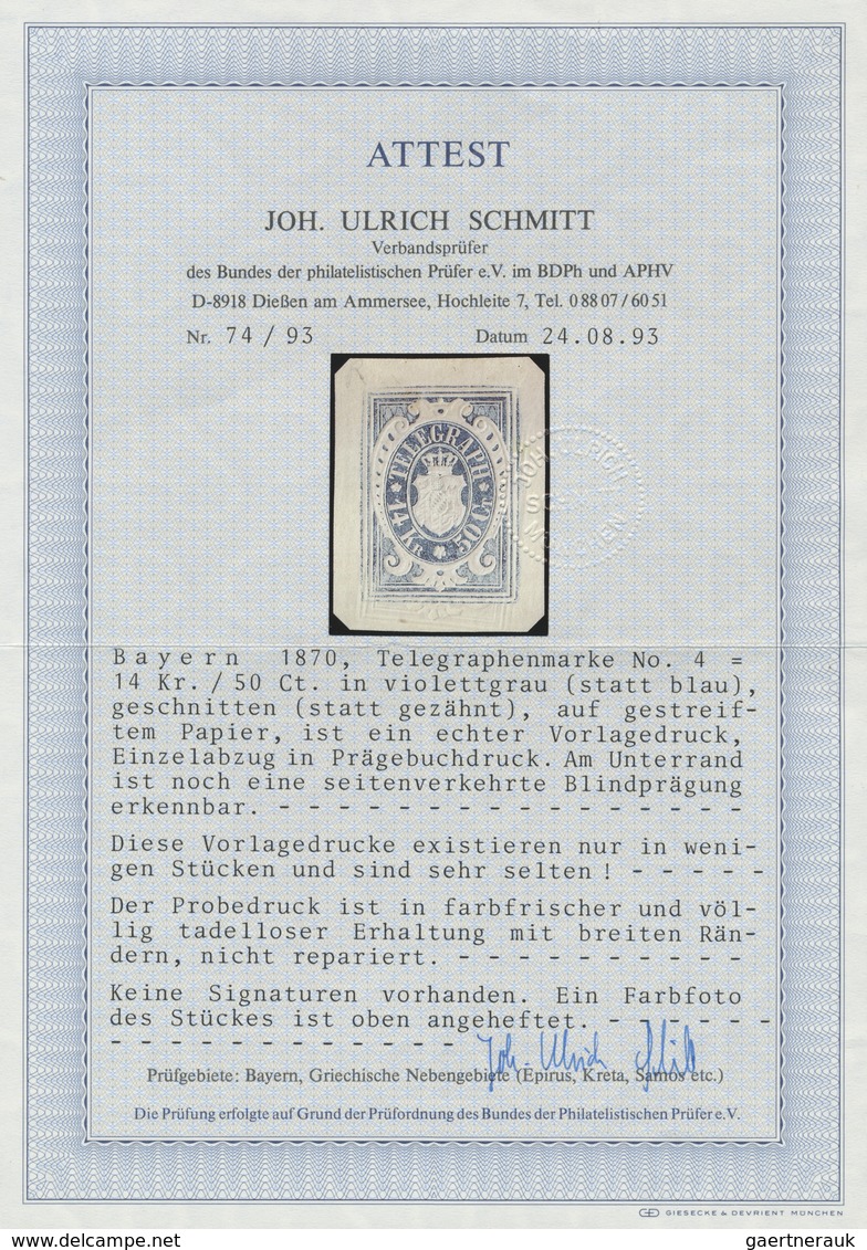 (*) Bayern - Telegrafenmarken: 1870, 14 Kr. / 50 C. Violettgrau (statt Blau), Ungezähnter Vorlagedruck, - Altri & Non Classificati