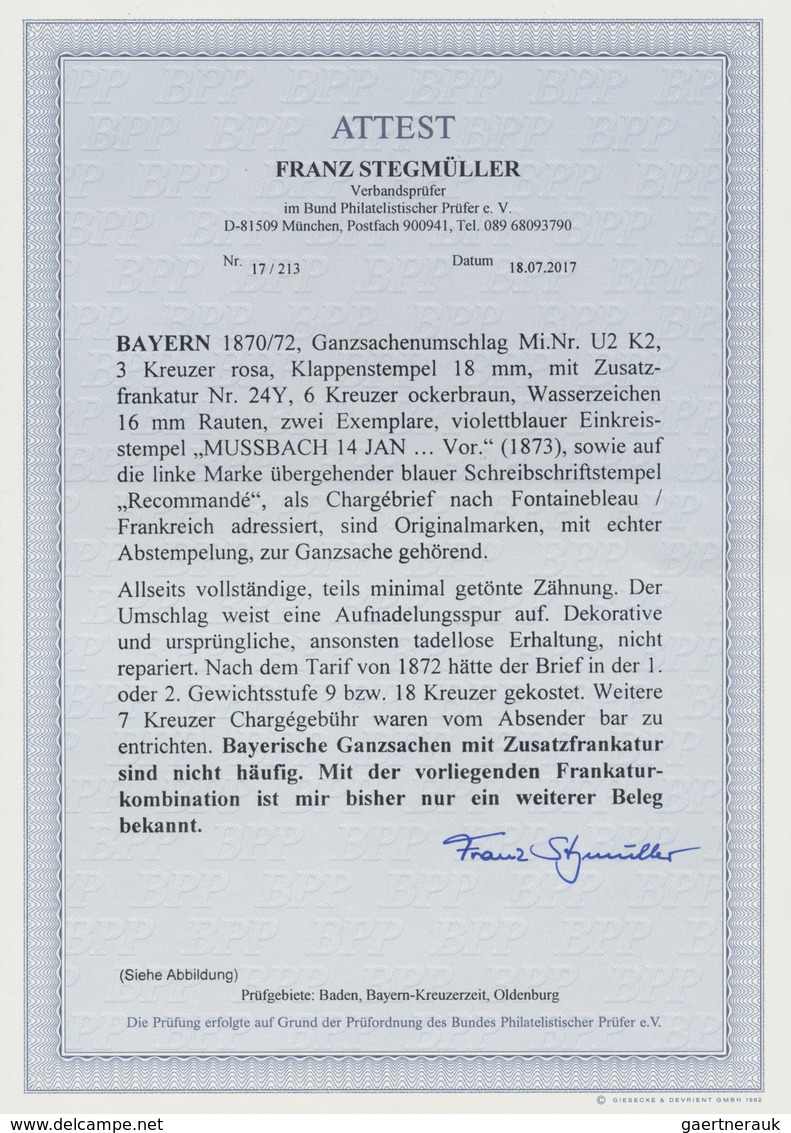 GA Bayern - Ganzsachen: 1870, GA-Umschlag 3 Kr. Rosa, Klappenstempel 18mm Mit Zusatzfrankatur 2x 6 Kr. - Autres & Non Classés