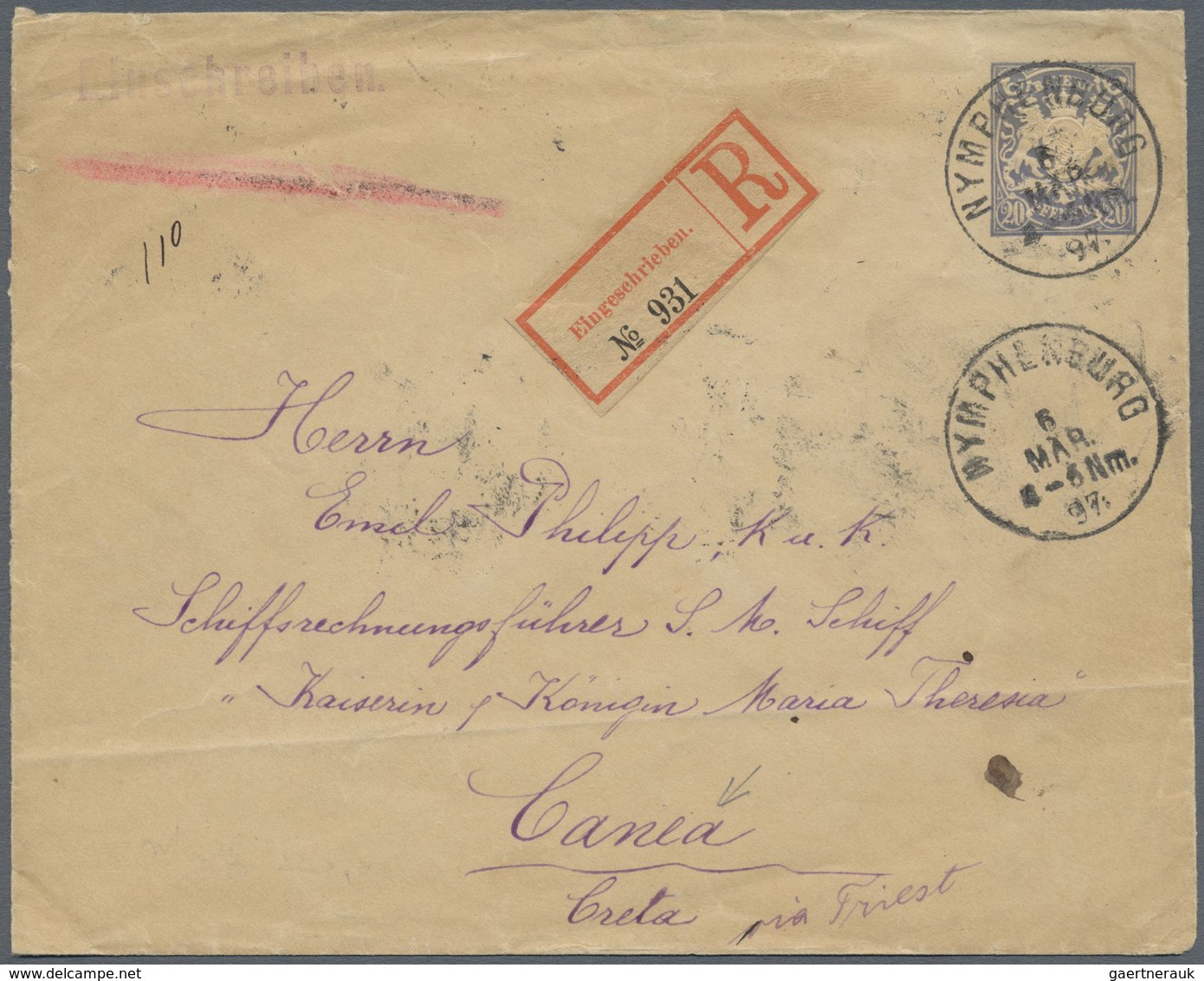 GA Bayern - Ganzsachen: 1897, 20 Pf Ganzsachenumschlag, Eingeschrieben Ab "NYMPHENBURG 6 MÄR. 97" (drei - Sonstige & Ohne Zuordnung