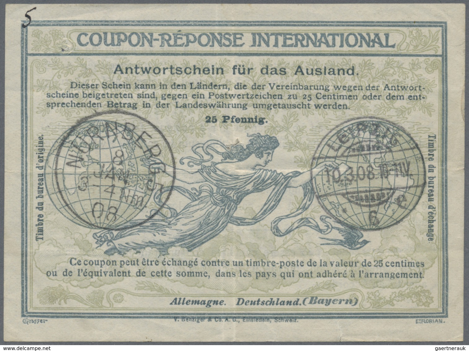 GA Bayern - Ganzsachen: 1908/1921, 4 Antwortscheine Für Das Ausland Mit IAS2 Mit Nürnberg/Leipzig Sowie - Autres & Non Classés