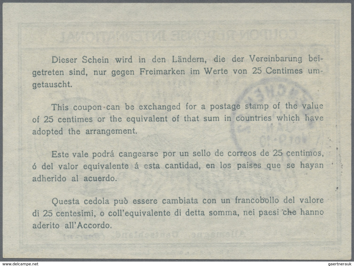 GA Bayern - Ganzsachen: 1908/1921, 4 Antwortscheine für das Ausland mit IAS2 mit Nürnberg/Leipzig sowie