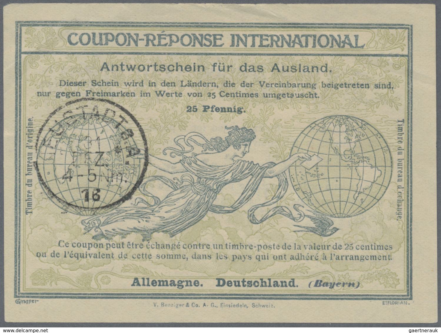 GA Bayern - Ganzsachen: 1908/1921, 4 Antwortscheine für das Ausland mit IAS2 mit Nürnberg/Leipzig sowie