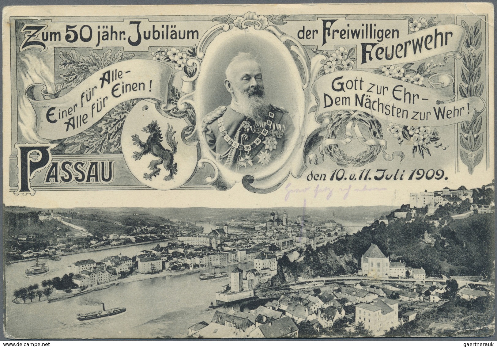 GA Bayern - Ganzsachen: FEUERWEHR: 1909, "50jähr. Jubiläum Freiwillige Feuerwehr PASSAU" Ansichtkarte G - Altri & Non Classificati