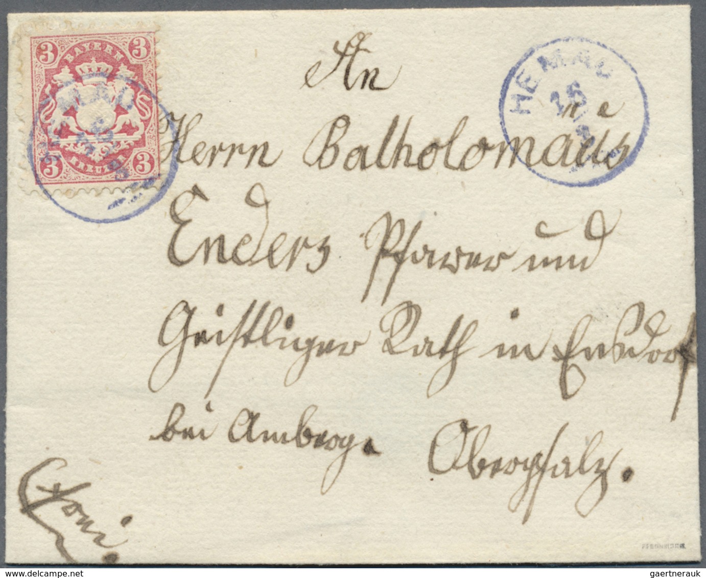 Br Bayern - Ortsstempel: HEMAU / 16.3. (wohl 1874), Blauer Zierstempel Mit Zierstücken (Sem Typ 18a) Al - Autres & Non Classés