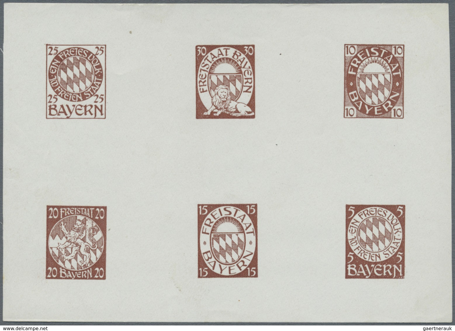 (*) Bayern - Besonderheiten: 1910/1920, 6 Essay-Blöcke mit je 6 Marken in verschiedenen Farben, 1 Block
