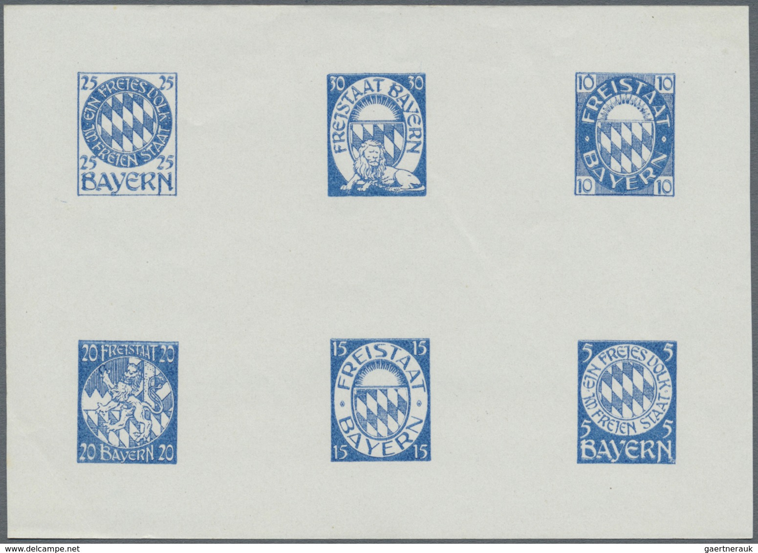 (*) Bayern - Besonderheiten: 1910/1920, 6 Essay-Blöcke mit je 6 Marken in verschiedenen Farben, 1 Block