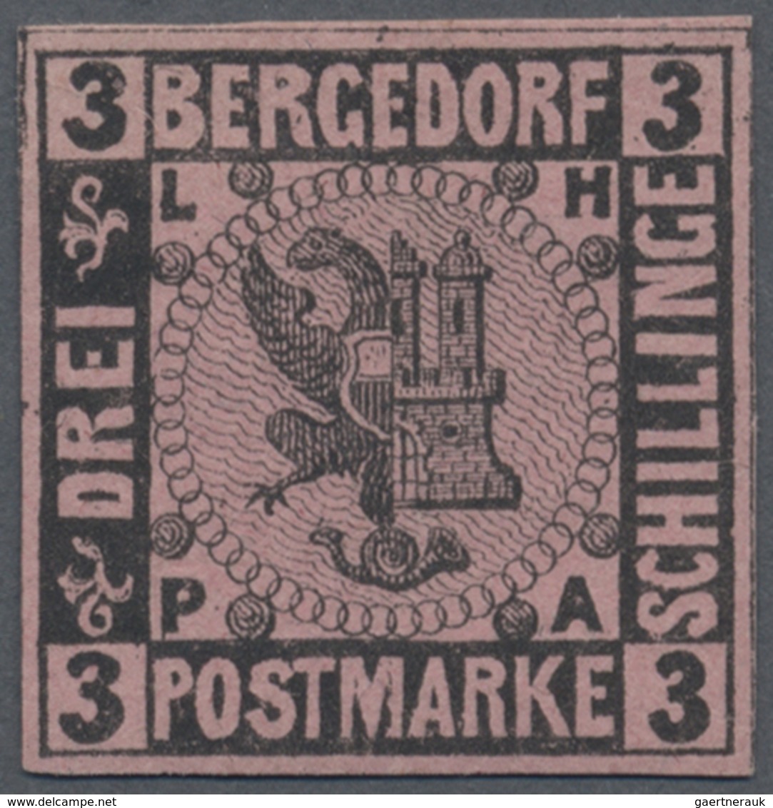 * Bergedorf - Marken Und Briefe: 1861, 3 S. Probedruck Schwarz Auf Dunkelbraunpurpur, Farbfrisch Und A - Bergedorf