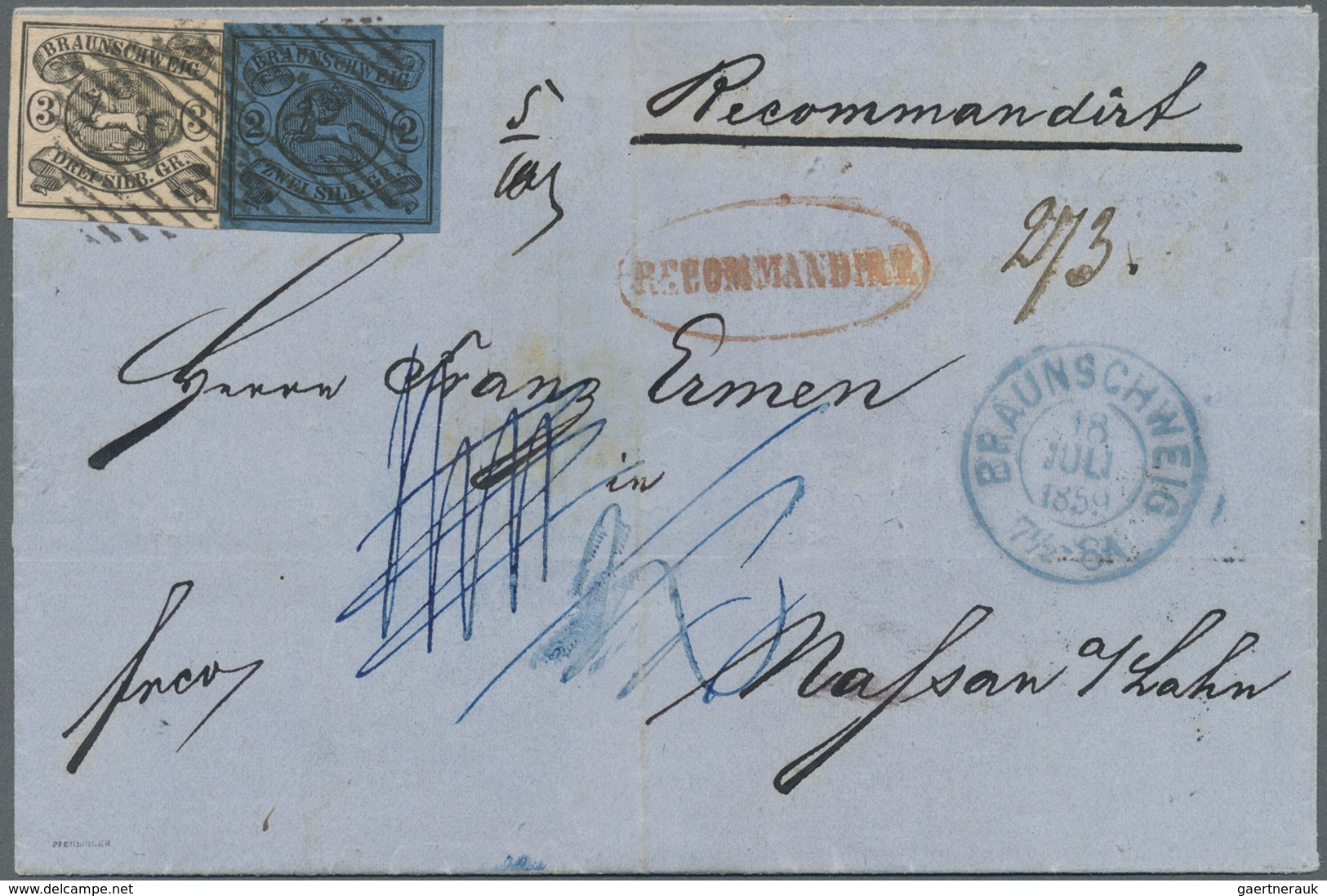 Br Braunschweig - Marken Und Briefe: 1853, 2 Sgr. Blau Und 3 Sgr. Mattrosa, Je Allseits Breitrandig Und - Braunschweig