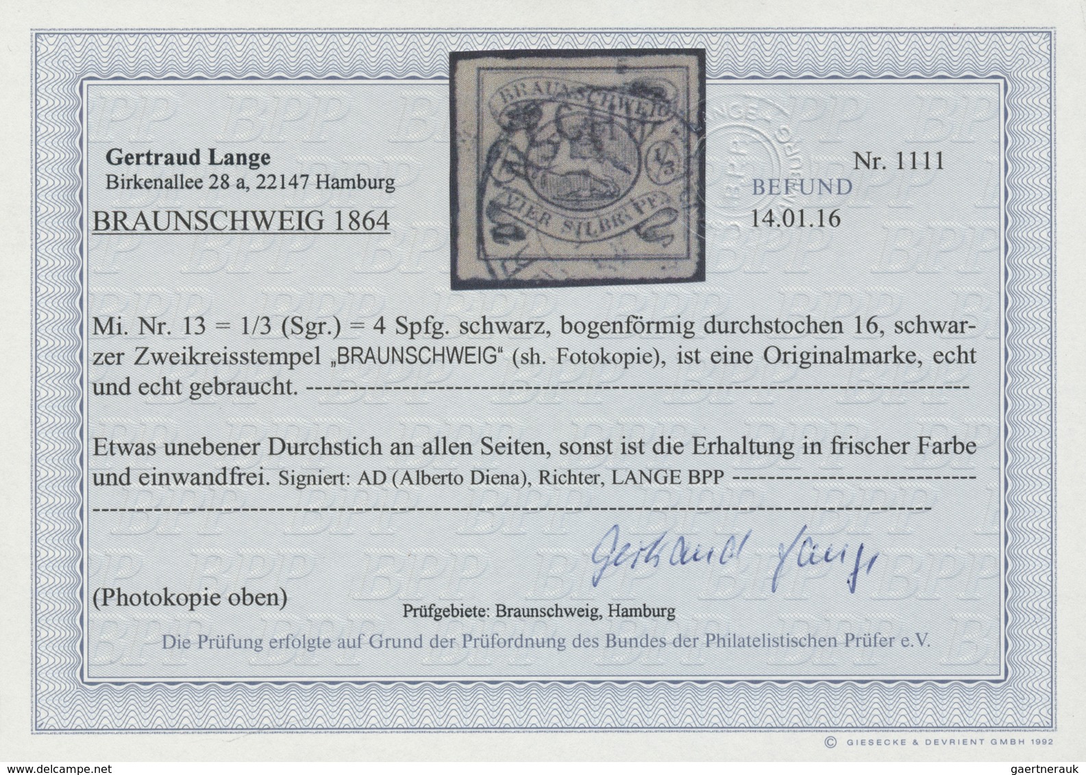 O Braunschweig - Marken Und Briefe: 1864, 1/3 Sgr. Schwarz Auf Grauweiss Mit Bogendurchstich 16, Geste - Braunschweig