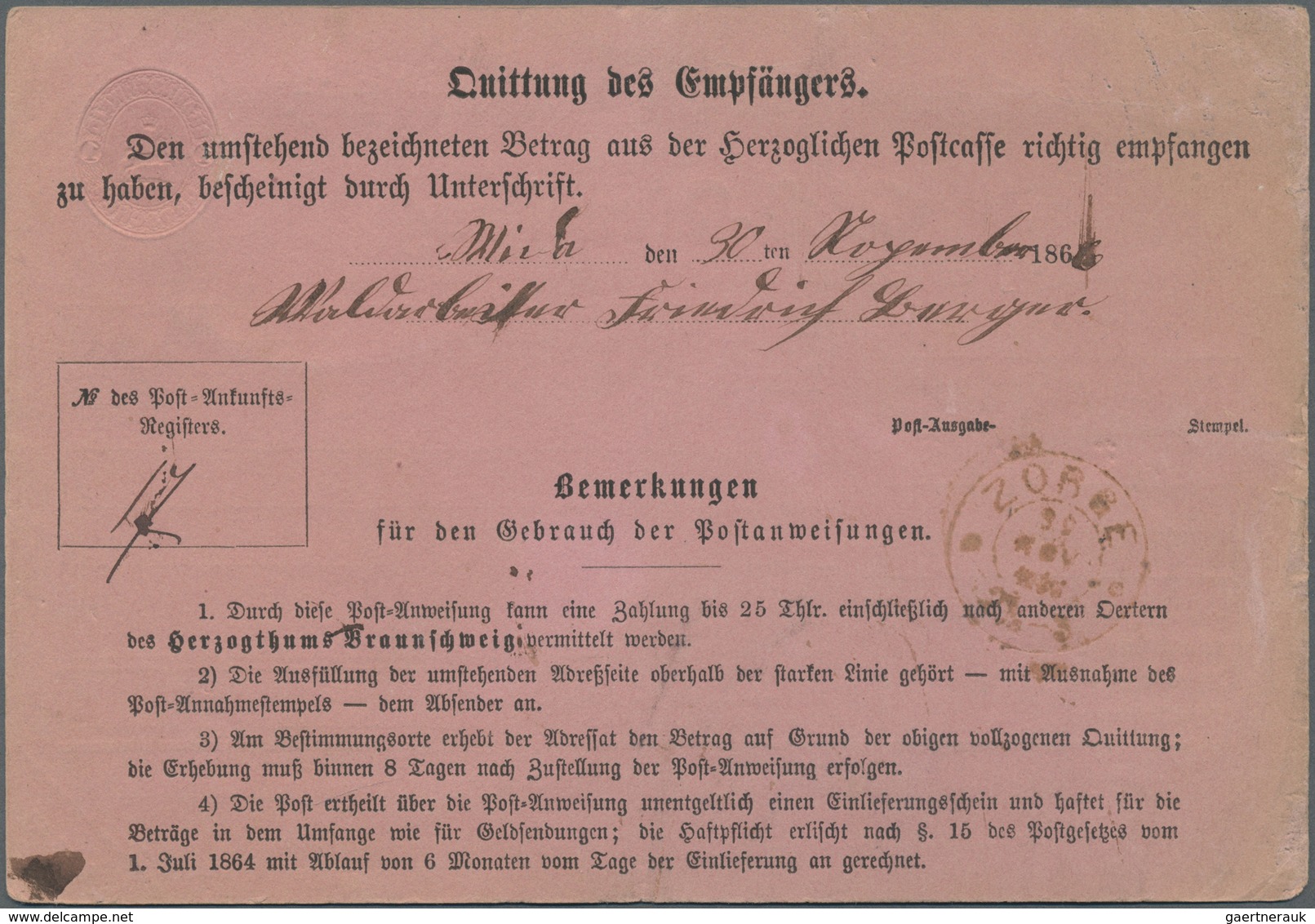 GA Braunschweig - Ortsstempel: 1866, ZORGE, Rotbrauner K2 Mit Zierkreisen Rückseitig Auf 1 Sgr. Postanw - Braunschweig