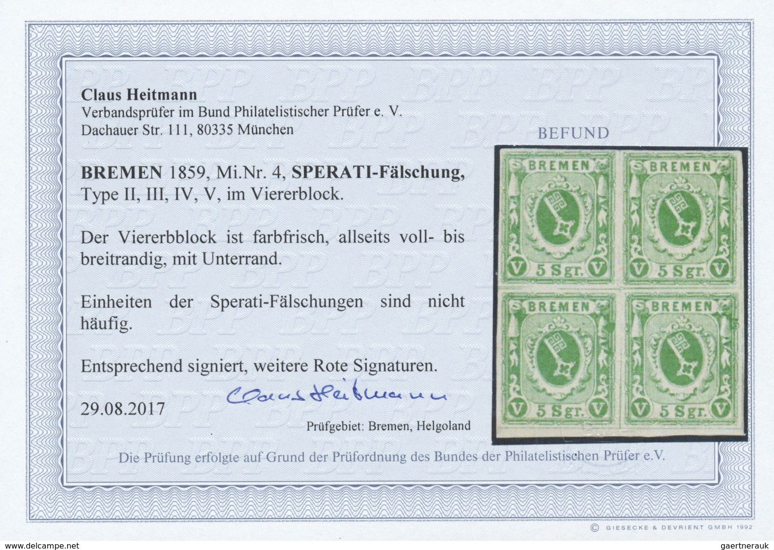 */ Bremen - Marken Und Briefe: 1859, 5 Sgr. Grün SPERATI-Fälschung Im Seltenen Ungebrauchten Viererbloc - Brême