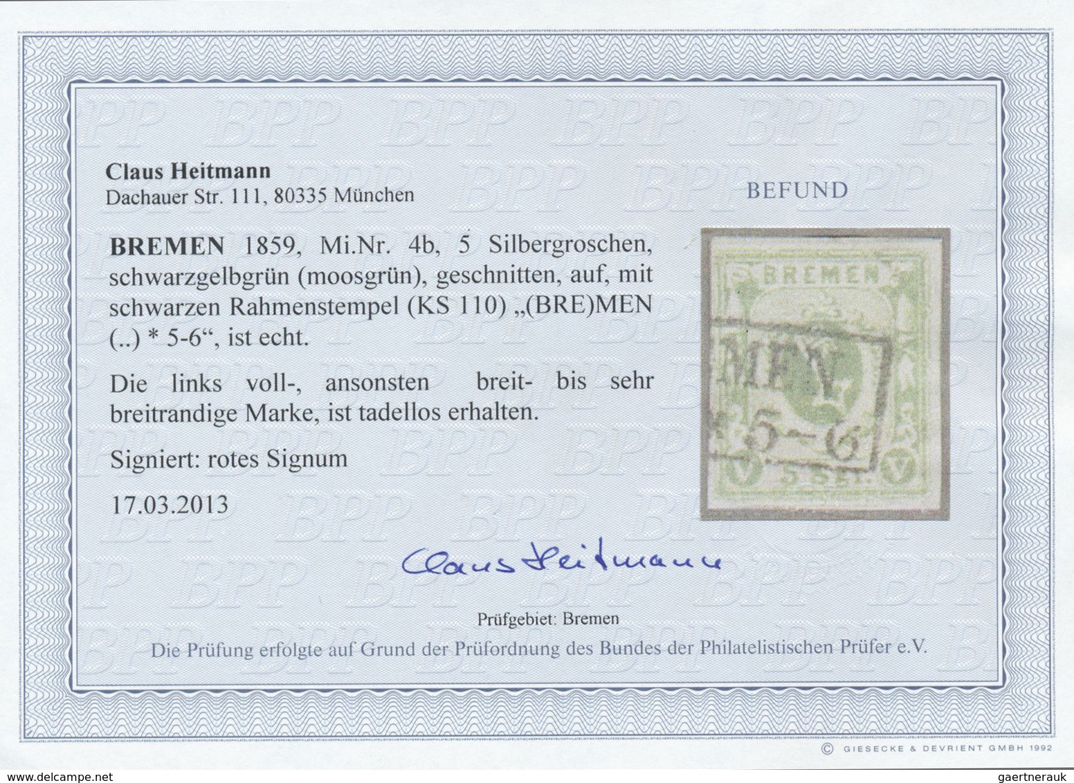 O Bremen - Marken Und Briefe: 1859, 5 Silbergroschen Schwarzgelbgrün (moosgrün), Gestempelt Mit Schwar - Brême