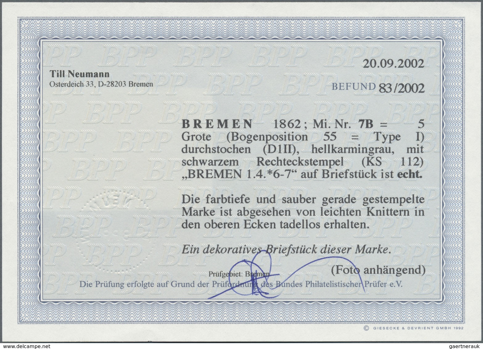 Brfst Bremen - Marken Und Briefe: 1862, 5 Gr. Hellkarmingrau Mit Durchstich D 1 II Auf Briefstück Mit über - Brême