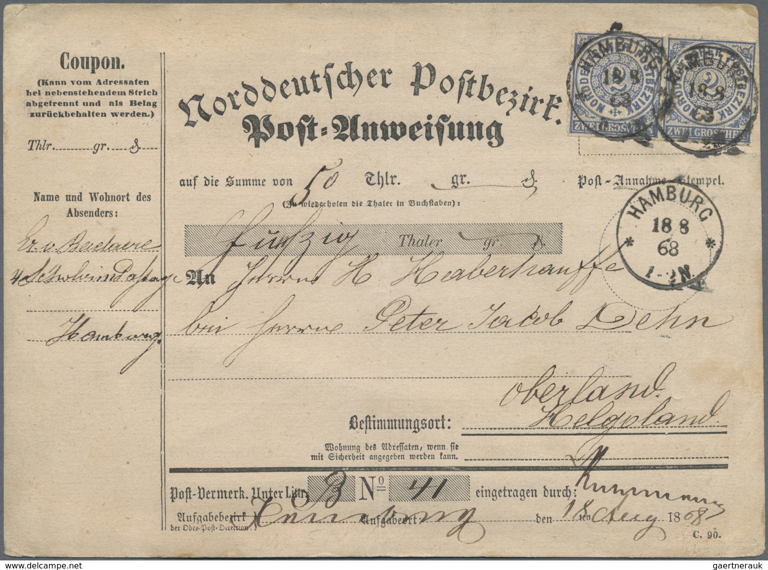 Br Helgoland - Besonderheiten: 1868, Incoming Mail: Norddeutscher Postbezirk Post-Anweisung Frankiert M - Helgoland