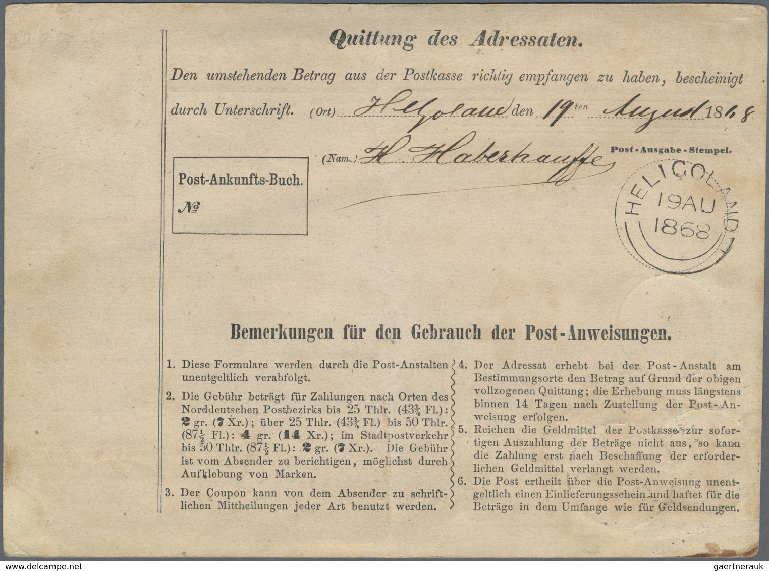 Br Helgoland - Besonderheiten: 1868, Incoming Mail: Norddeutscher Postbezirk Post-Anweisung Frankiert M - Helgoland