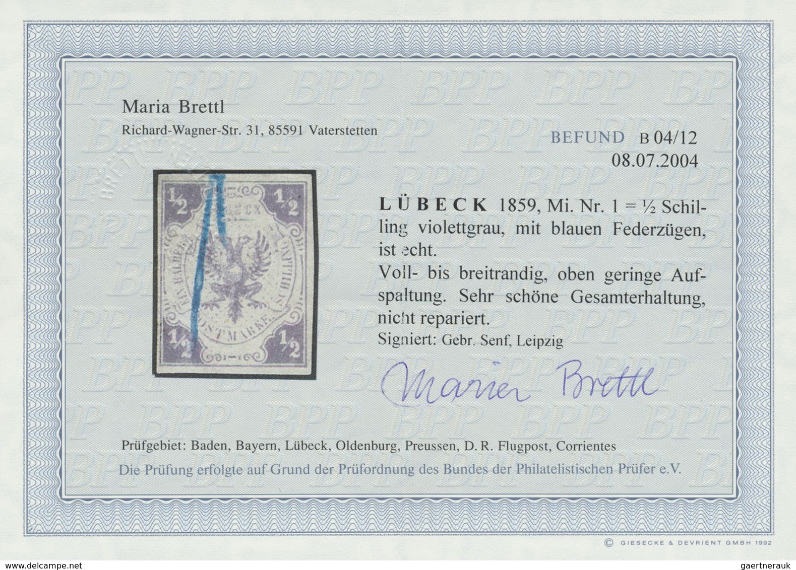 ~ Lübeck - Marken Und Briefe: 1859, 1/2 S. Doppeladler Violettgrau, Entwertet Mit Blauen Federzügen, V - Luebeck