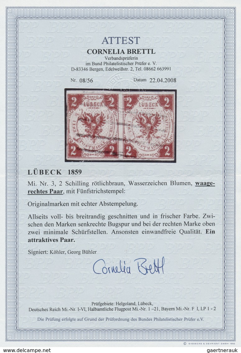 O/ Lübeck - Marken Und Briefe: 1859: 2 S Rötlichbraun, Farbfrisches, Waagerechtes Paar, Voll- Bis Breit - Luebeck