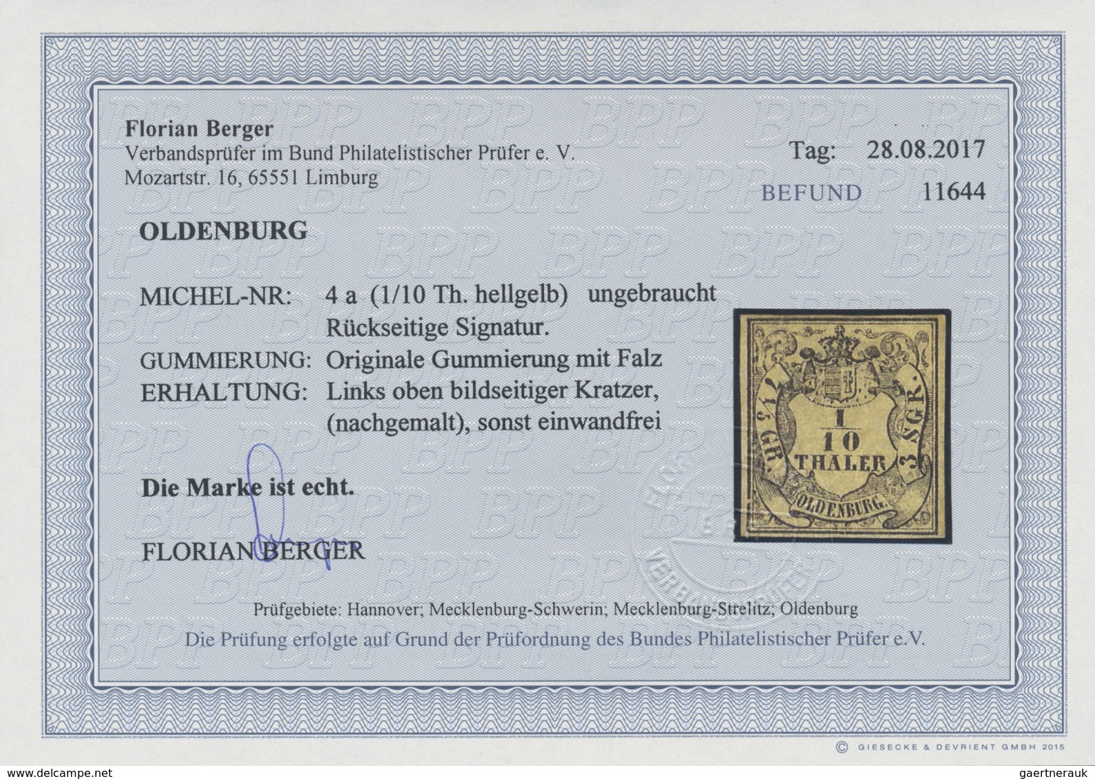 (*) Oldenburg - Marken Und Briefe: 1852, Wappen-Ausgabe 1/10 Thaler Schwarz Auf Hellgelb, Ungebraucht Mi - Oldenburg