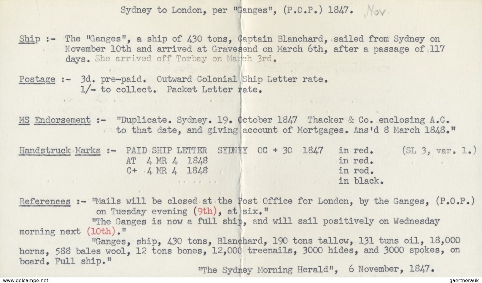 Br Preußen - Vorphilatelie: 1847, Brief Aus Sydney "per Ganges" Mit Ovalen "ship Letter" Urprünglich Na - Prefilatelia