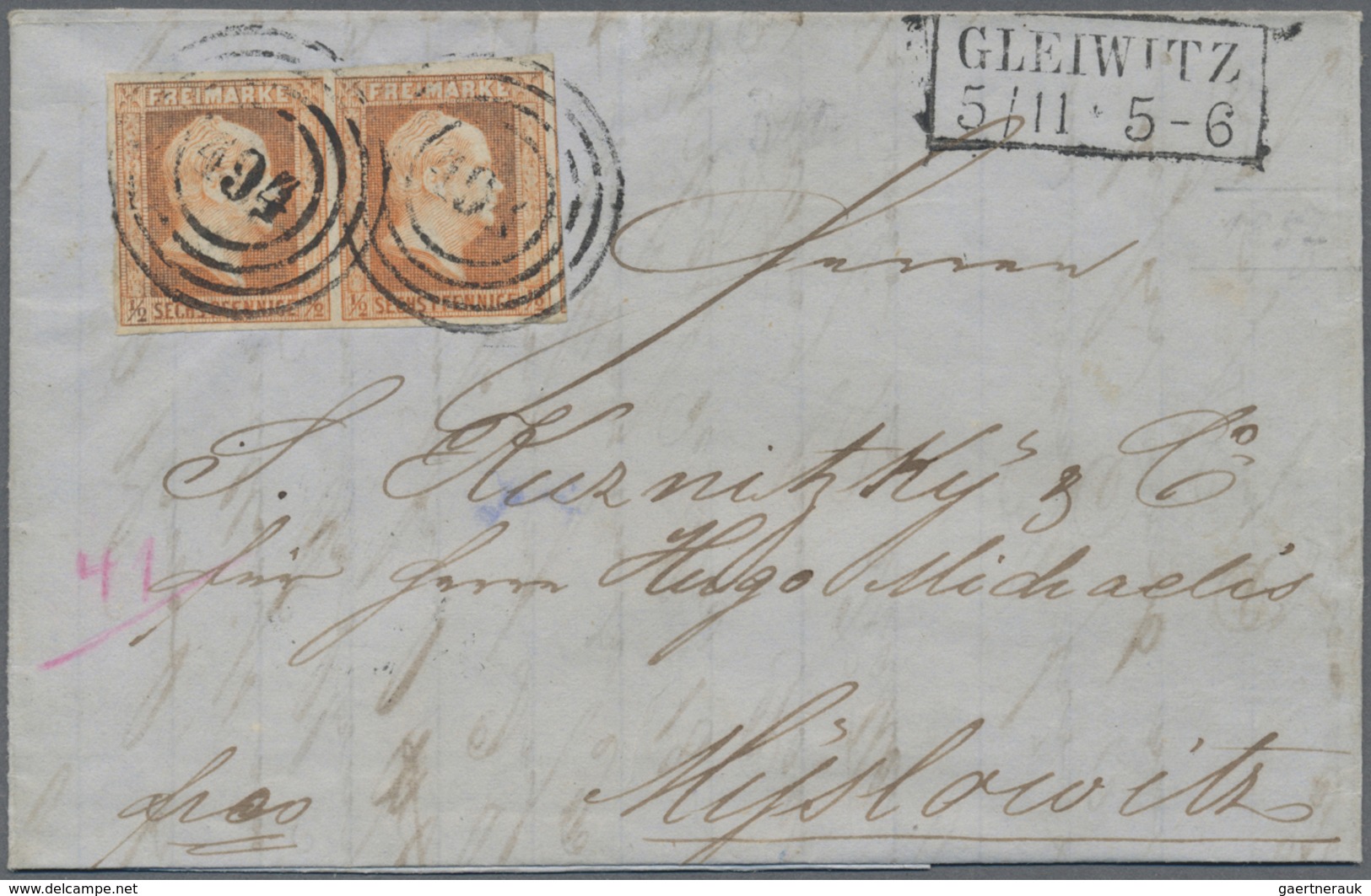 Br Preußen - Marken Und Briefe: 1850, Paar ½ Sgr. Lebhaftorange Allseits Vollrandig Mit Nr.-St. "494" U - Autres & Non Classés