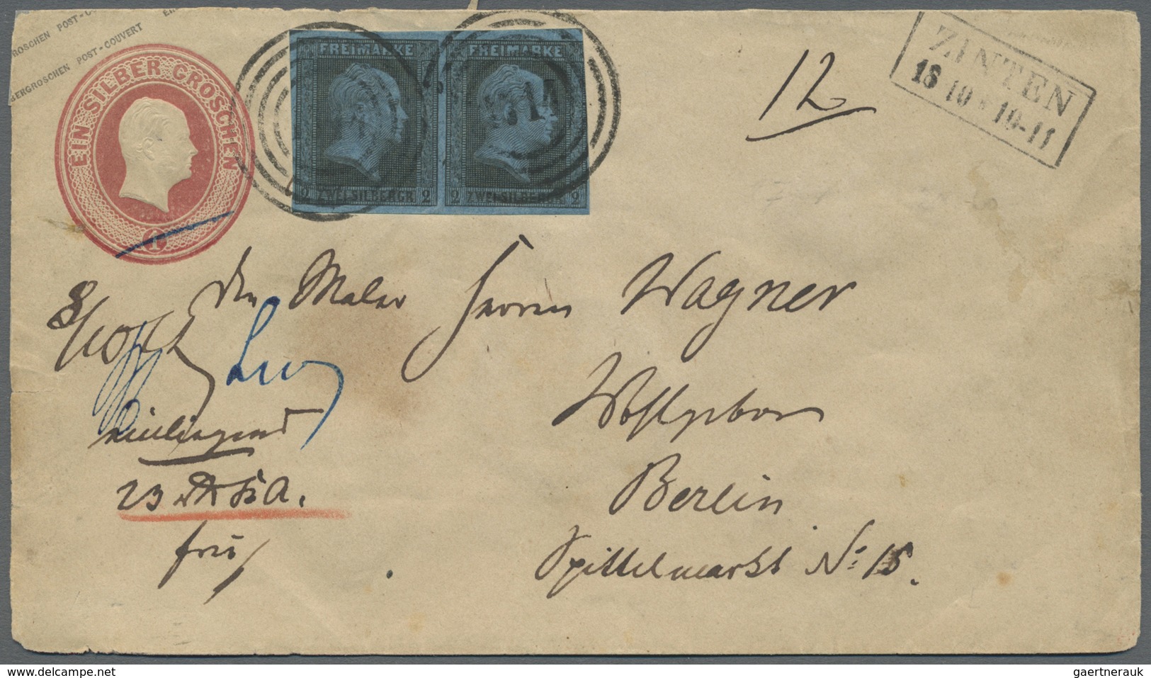 GA/ Preußen - Marken Und Briefe: Ca. 1853, 1 Sgr. Ganzsachenumschlag Mit 2 Sgr. 1. Ausgabe Im Waagerecht - Sonstige & Ohne Zuordnung