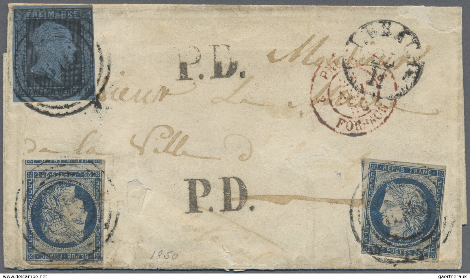 Br Preußen - Marken Und Briefe: 1850, 2 Silbergroschen Schwarz Auf Blau Und Frankreich 1850, 25 Centime - Sonstige & Ohne Zuordnung