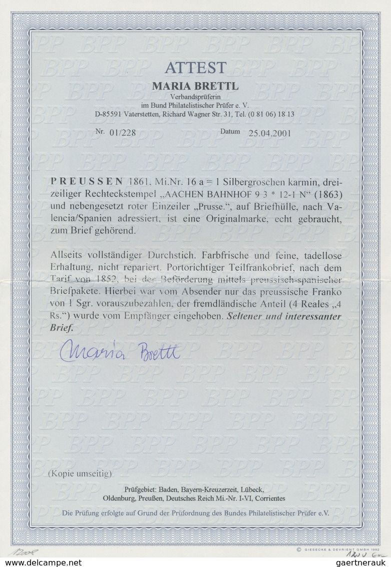 Br Preußen - Marken Und Briefe: 1863, 1 Silbergr. Karmin, Am 9.3. Auf Brief Von Aachen Nach Valencia/Sp - Altri & Non Classificati