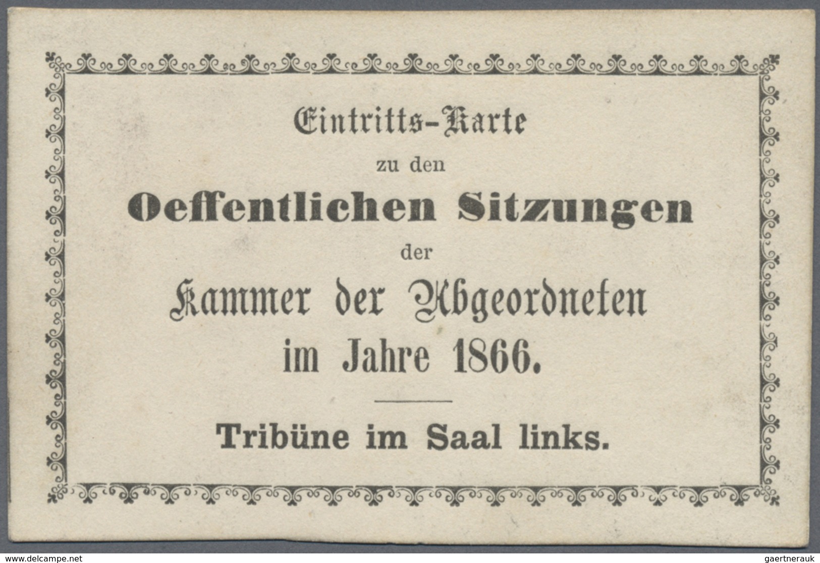 Preußen - Besonderheiten: 1866, Eintrittskarte Zu Den öffentlichen Sitzungen Der Kammer Der Abgeordn - Altri & Non Classificati