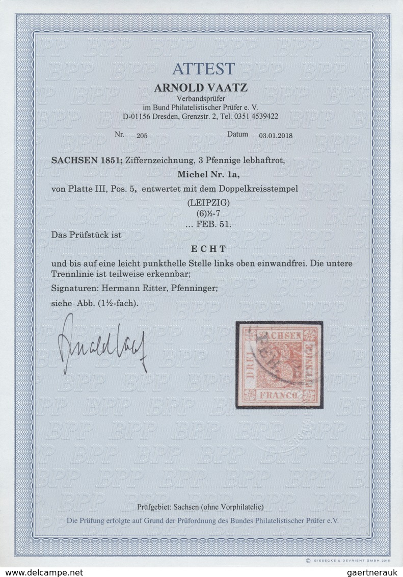 O Sachsen - Marken Und Briefe: 1851, 3 Pfennige Lebhaftrot, Allseits Gleichmäßig Breit Gerandet Und Sa - Sachsen