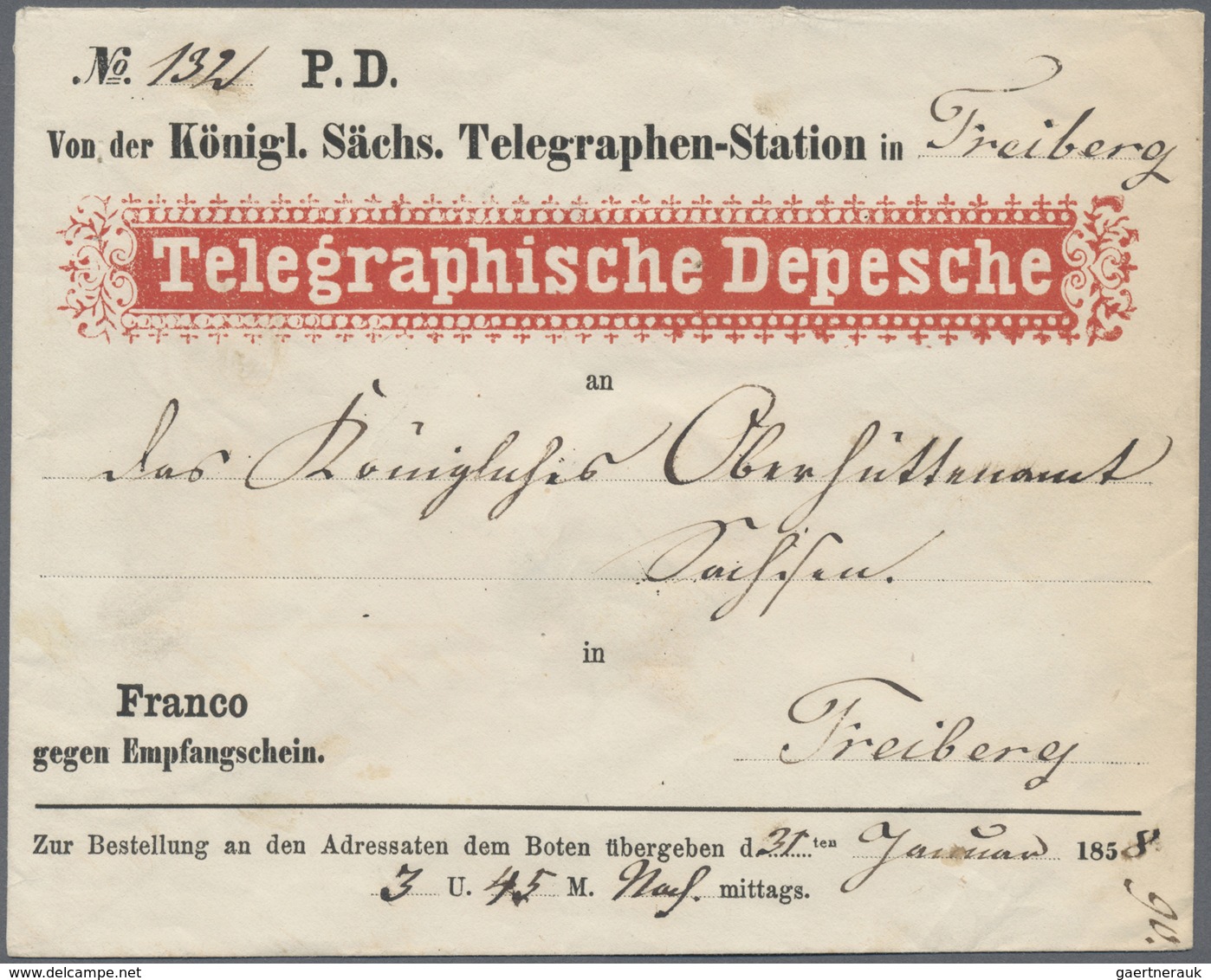 Br Sachsen - Besonderheiten: 1858, "TELEGRAMM"-Vordruckumschlag Mit Vermerk "Franco Gegen Empfangsschei - Sachsen