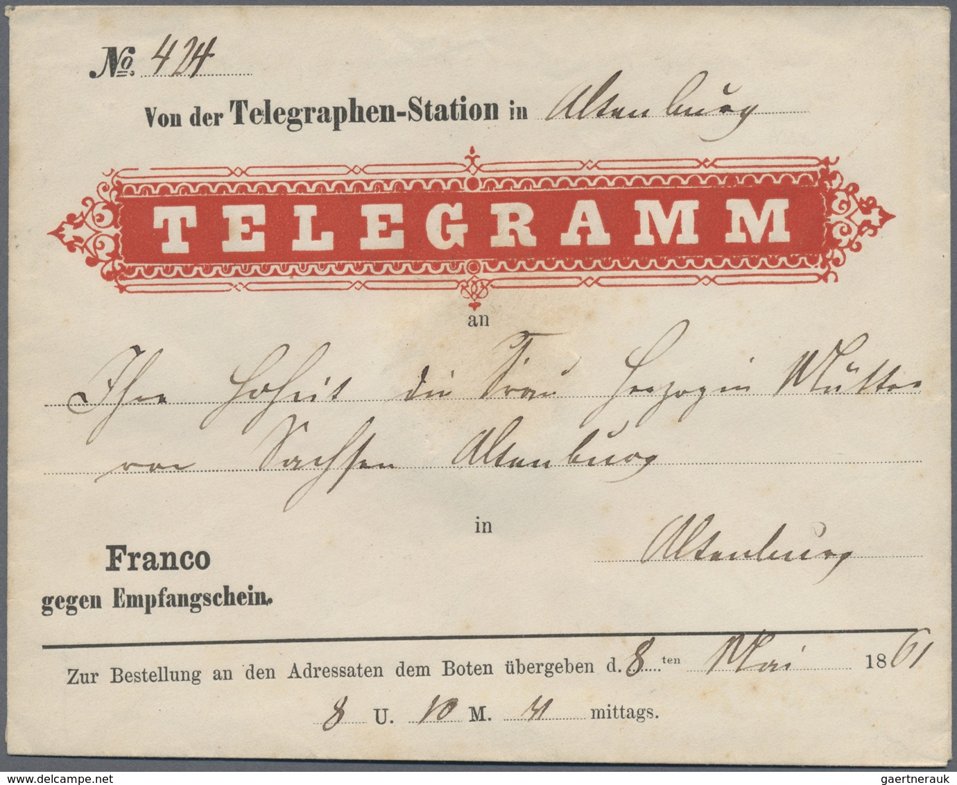 Br Sachsen - Besonderheiten: 1861, "TELEGRAMM"-Vordruckumschlag Mit Vermerk "Franco Gegen Empfangsschei - Sachsen