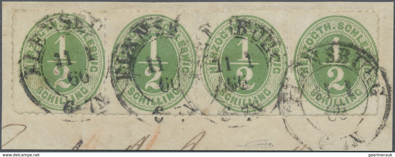 Brfst Schleswig-Holstein - Marken Und Briefe: 1885: 1/2 S Grün, Waagerechter Viererstreifen Auf Briefstück - Sonstige & Ohne Zuordnung