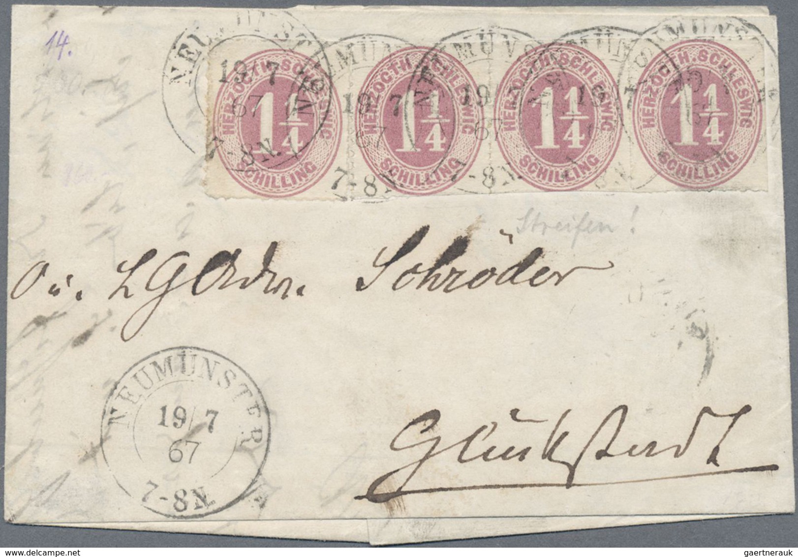 Br Schleswig-Holstein - Marken Und Briefe: 1865, 1¼ S Rotlila Als Dreierstreifen Und Einzelmarke Zusamm - Sonstige & Ohne Zuordnung