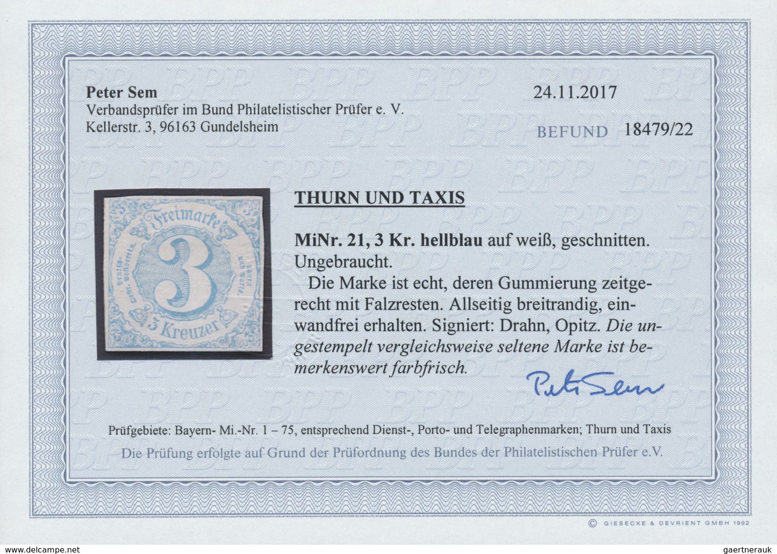 * Thurn & Taxis - Marken Und Briefe: 1860, 3 Kr. Hellblau Auf Weiß, Geschnitten, Ungebraucht. Lt. Foto - Autres & Non Classés