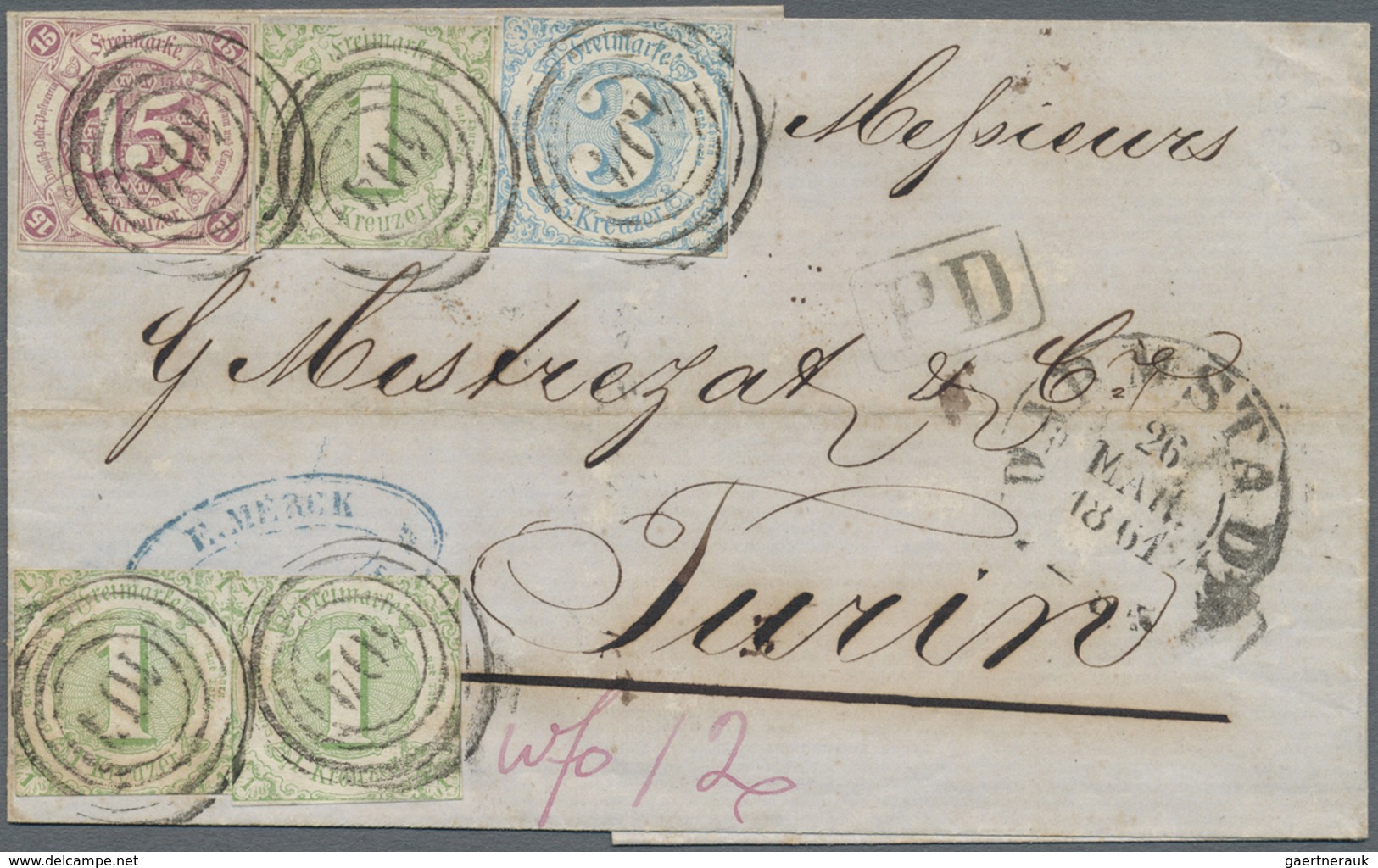 Br Thurn & Taxis - Marken Und Briefe: 1859, 15 Kr. Braunpurpur, 3 Kr. Blau Und Drei Einzelwerte 1 Kr. G - Sonstige & Ohne Zuordnung