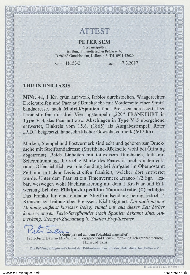 Br Thurn & Taxis - Marken Und Briefe: 1865, Dreierstreifen + Paar Der 1 Kr. Grün, Farblos Durchstochen - Sonstige & Ohne Zuordnung