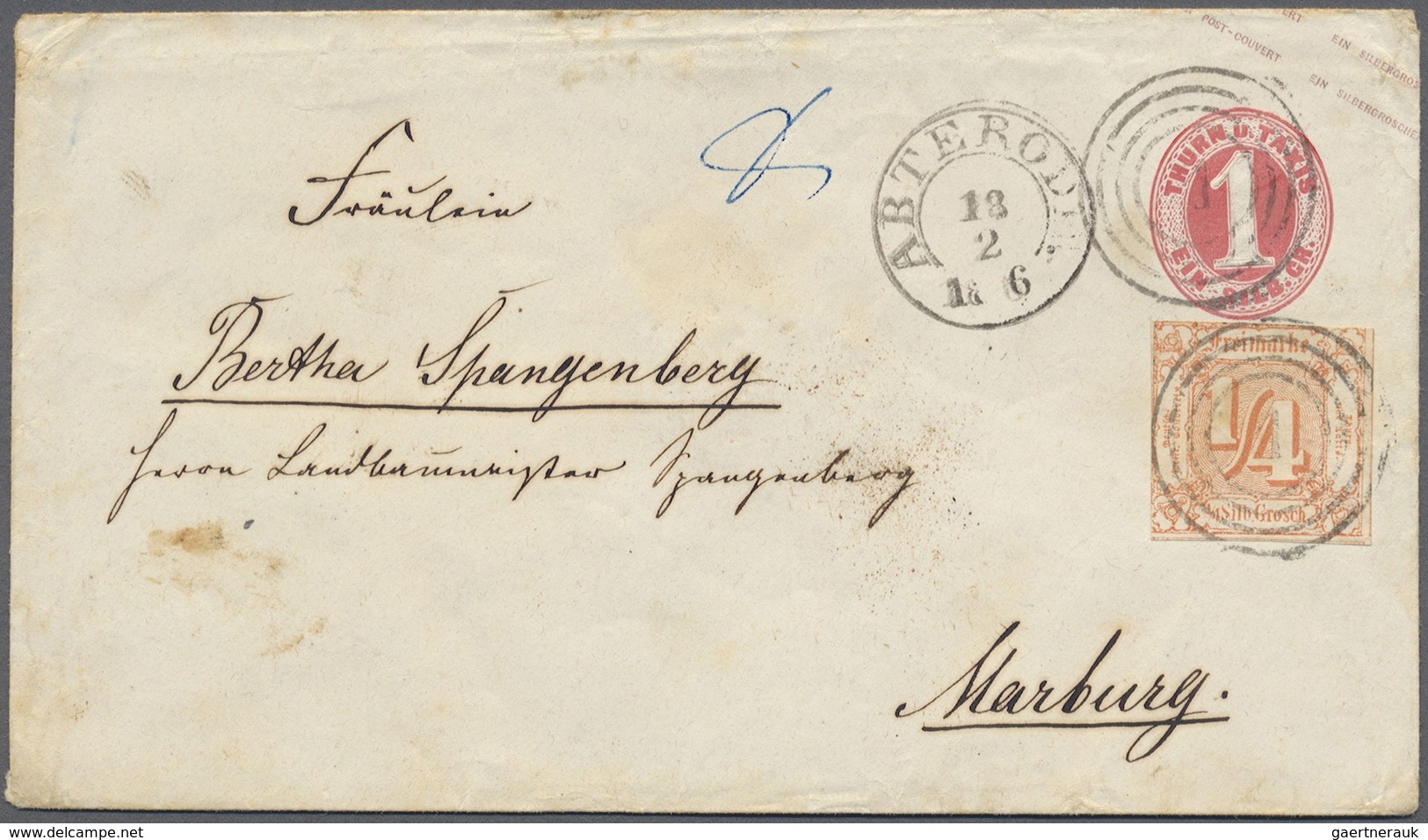 GA Thurn & Taxis - Ganzsachen: 1863 (?), 1 Sgr. Rosa Ganzsachenumschlag Mit Zusatzfrankatur ¼ Sgr. Rötl - Sonstige & Ohne Zuordnung