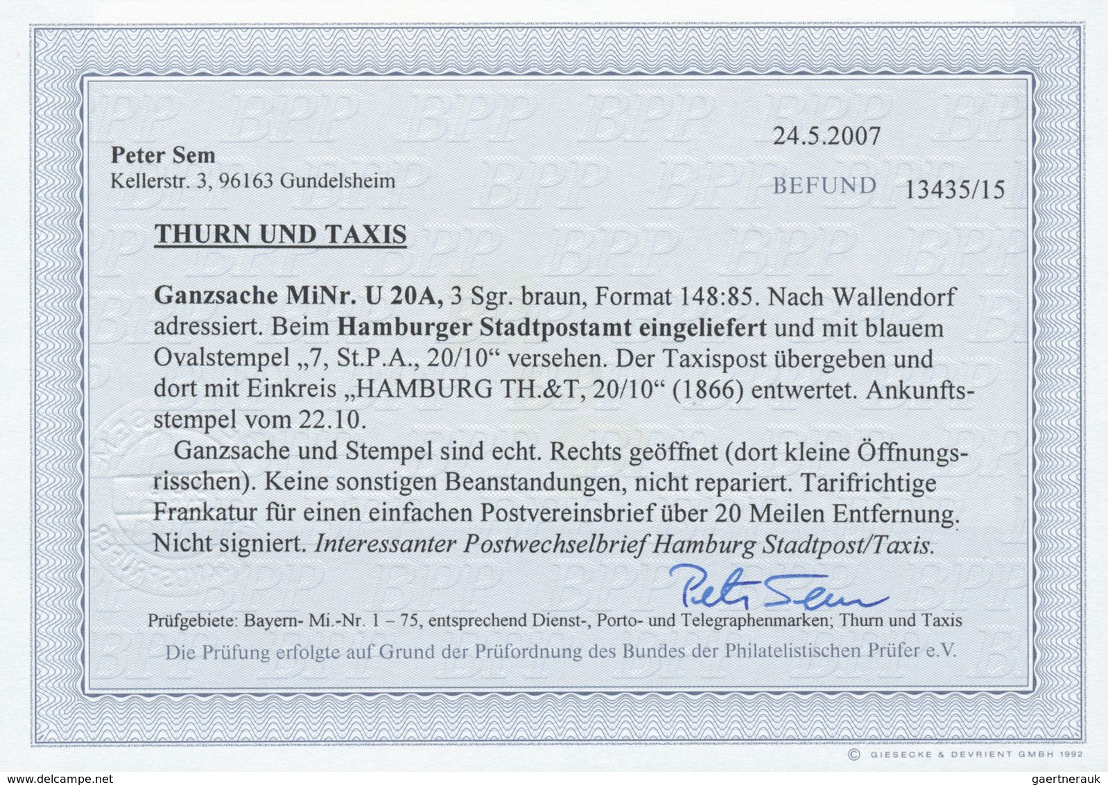 GA Thurn & Taxis - Ganzsachen: 1866: 3 Gr Braun Als Interessanter Postwechselbeleg, Beim Hamburger Stad - Autres & Non Classés